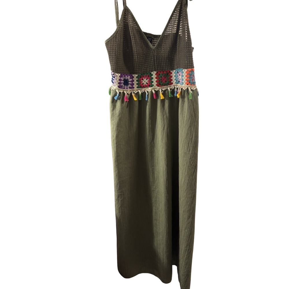 Olive Boho Crochet-Top Maxi Dress With Tie Shoulders XL